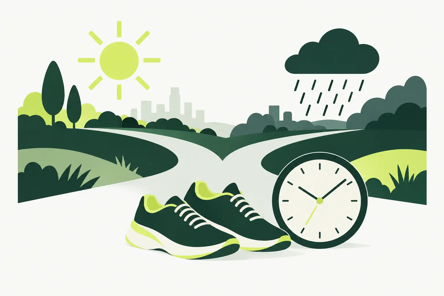 Editorial illustration of running shoes and a clock beside paths toward sunshine and rain.